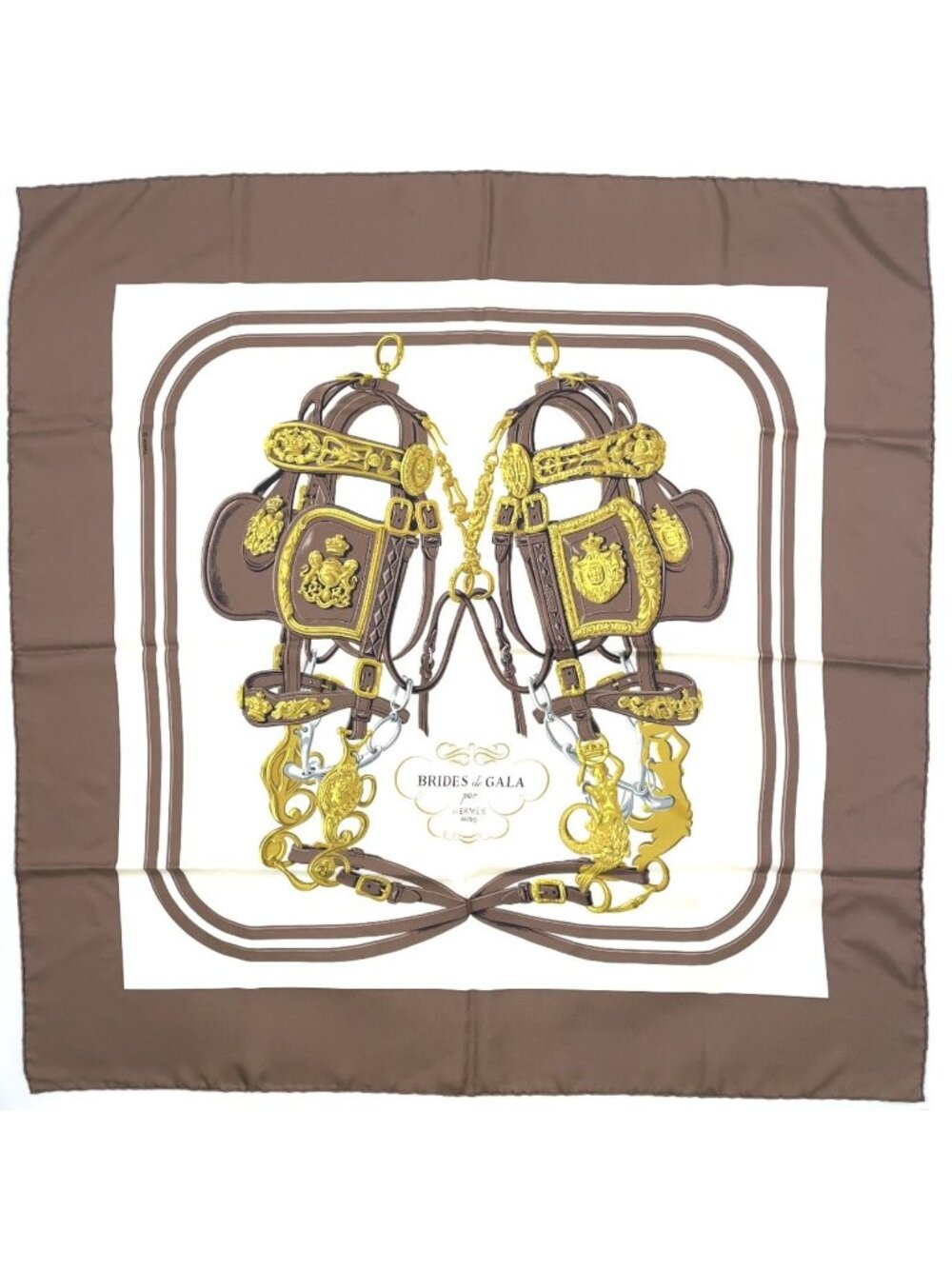 Hermes Carre 90 Brides de Gala Silk Off White Gray Brown Scarf
